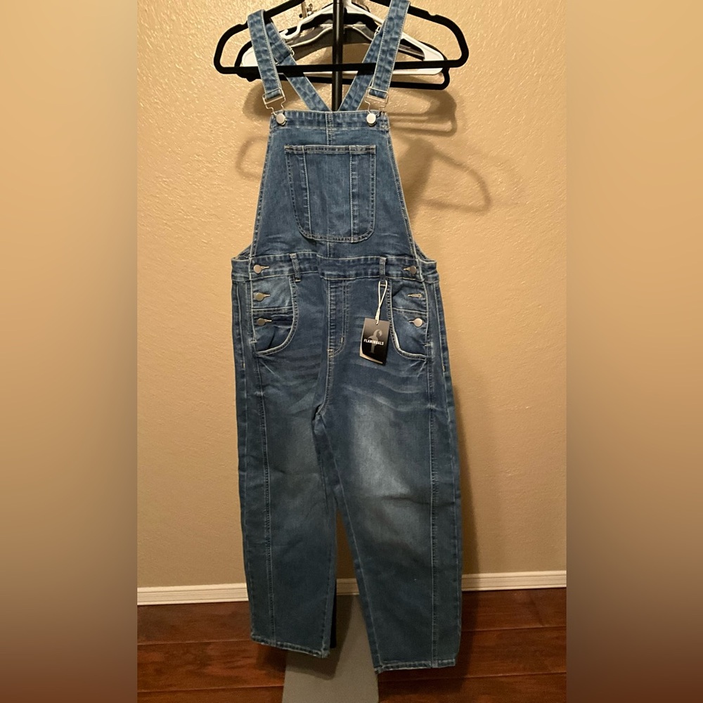 FLAMINGALS Wash Button Side Mid Waist Barrel Leg Overalls - Mid Blue